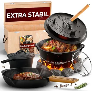 GUSSKÖNIG Dutch Oven Set 8-teilig - bereits eingebranntes Gusseisen Topf Set