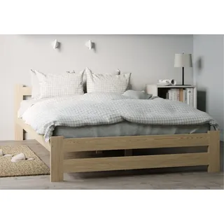 home collective Holzbett 140x200 cm mit Lattenrost Modern Bett Bed Kiefer Massiv Bettgestell Doppelbett Massivholzbett Klassisch | Boho Landhaus Kopfteil mittel natur