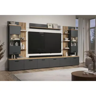 Home Affaire trendteam smart living Baggio Wohnwand Grau/Eiche Set bestehend aus 2 Hängevitrine, 1 Wandpaneel und 3 Lowboard (BxHxT) 360 x 212 x 40 cm für TV bis 75 Zoll