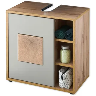 GREECE Badezimmer Waschbeckenunterschrank in Basalt, Wotan Eiche Optik mit Hirnholz-Applikationen - Bad Unterschrank Badezimmerschrank mit viel Stauraum - 60 x 60 x 35 cm (B/H/T)