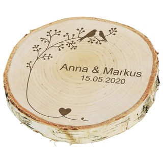 LAUBLUST Baumscheibe Personalisiert zur Hochzeit - ca. 18 cm, Vogelpärchen Motiv | Ringkissen | Hochzeitsgeschenk & Deko