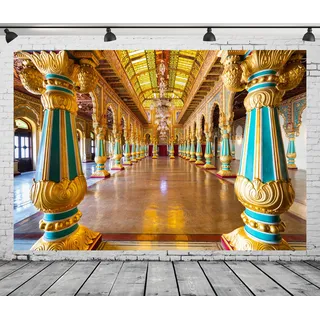 BELECO 2.1x1.5m Stoffkulisse des Königlichen Indischen Palastes,Mysore-Palast,Karnataka,Indien,vergoldete Säulen,Glasdecke mit luxuriösen Kronleuchtern,Hintergrund für Reiseportrait-Fotoshooting