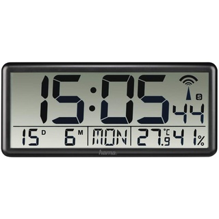 Hama Digitale Wanduhr XL mit Funk (Digitaluhr mit Thermometer und Hygrometer, große Funkuhr mit Datum und Wochentag, gut ablesbar Wand Uhr zum Hängen und Stellen, inkl. Batterie) schwarz