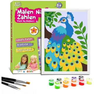 Zimrobin Malen Nach Zahlen für Kinder –13×18cm Malen Nach Zahlen Kinder ab 5 6 7 Jahre Mädchen und Junge,Kreatives Geschenk mit Rahmen 3 Pinsel und Acrylfarben (Eleganter Pfau)