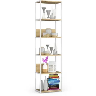 BDW Modernes Loft-Regal Aus Metall – Regal Wohnzimmer – Regal Industrial Style – 6 Einlegeböden - Industrial Möbel – Vintage Regal – Wandregal Industrial Style – 192x50x32 cm Weiss/Eiche Artisan