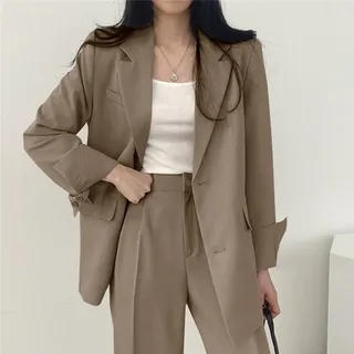 Trendy Damen Blazer und Hose Set Langarm Outfit für Frühling/Herbst (XL Khaki)