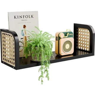 Schwarzes Rattan-Wandregal, hängende Bücherregale für die Wand, dekorative Regale für natürliche Kinderzimmer-Dekoration, Bilder-Ledge-Regale, Wandpost-Organizer, schwebendes Rattan-Regal für Büro,