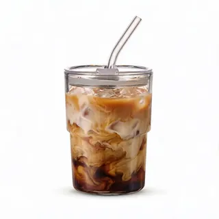 BLUEPOLAR 13oz/400ml Glasbecher mit Strohhalm und Deckel, versiegelt, tragbar für Kaffee, Eistee, dickwandiger isolierter Glasbecher (weiß)