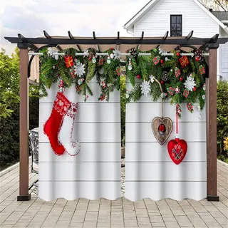Hiseng wasserdichte Vorhänge Outdoor, Weihnachten Tannenblätter 3D Drucken Outdoorvorhänge 2 Stück Verdunkelungsvorhang Blickdicht mit Ösen Sichtschutz Vorhang (101x213cm,Frohe Weihnachten)