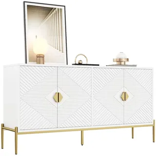 OKWISH Sideboard 162x40x80 cm Modern Weiß mit 4 Türen Stauraum Goldgriffe Metallbeine Wohnzimmer Esszimmer Flur TV-Möbel Design Luxuriös