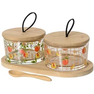 Decoris season decorations Geschirr-Set, Glas, Servierschalen mit Deckel und Serviertablett 7x20x10cm Glas Bambus Set weiß