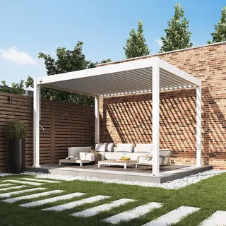 Weide Classic Aluminium Pergola 3x4 m Weiss freistehend | Witterungsbeständiger Pavillon mit verstellbarem Lamellendach, Handkurbel & Wasserablauf für Garten & Terrasse in Weiss.