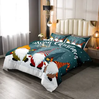 Homewish Skandinavische Weihnachtsmann Wichtel Bettwäsche Frohe Weihnachten Tröster Weihnachtsmann Bettwäsche 135x200 cm für Kinder Jungen Mädchen Bettdeckeneinsatz mit 1 Kissenbezug