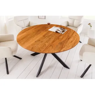 Massiver Esstisch GALAXIE 130cm rund natur Akazienholz schwarz Metallgestell - Braun