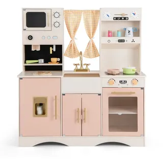 KOMFOTTEU Spielküche Kinderküche Spielzeugküche mit Kaffeemaschine, Eismaschine, Mikrowelle, Backofen & Spüle, Vorhängen rosa