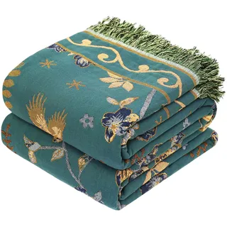VANJOROY Boho-Überwurf, 100% Baumwolle, groß, King-Size, rustikal, ultraweich, atmungsaktiv, Blumen-Vogel, Decke für Bett, Sofa, Couch, Stuhl, Tagesdecke, Geschenk, 231,1 x 274,3 cm, Blaugrün/Beige