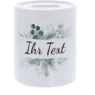 Spardose Mädchen personalisiert mit Namen, Keramik, Aquarell Blumenrahmen | Geldgeschenk zur Taufe, Kommunion oder Einschulung – Gelddose mit Blumen-Motiv für Ihren Wunschtext