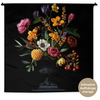 MuchoWow Wandteppich Ornamental - Blumenstrauß - Blätter, Quadratisch, Höhe: 3 mm, Wandtuch, Wanddekoobjekt, 120x120 cm Quadratisch | 120 cm x 120 cm x 3 mm