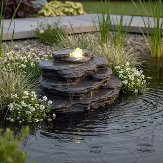 Künstlicher Quellstein Felsen mit LED Beleuchtung OG-KQS002 Realistische Steinoptik, inkl. 2 m Schlauch – Wetterfest für Teich & Bachlauf Schiefer-Optik Springbrunnen Gartenbrunnen (OG-KQS002 + Pumpe)