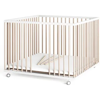 Sämann® Laufgitter 100x100 cm mit Matratze und Schlupfsprossen, stufenlos höhenverstellbar, Baby Laufstall, Buche, gummierte Rollen, Buche weiß/natur lackiert