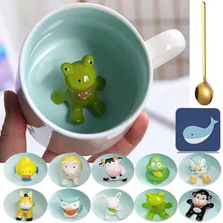 Arawat Tasse Frosch 3D Tier Tassen Geschenke mit Frosch Figur Innen 350 ml Teetasse mit Löffel Untersetzer Cute Kaffee Tee Becher Frog Mug Geburtstagsgeschenk für Freund Jungen Frauen Männer