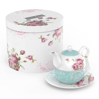London Boutique Tea for One Teekanne Teetasse Untertasse Set Nachmittagstee Set für 1 New Bone China Vintage Flora Geschenk für Frauen 350m (Türkis)