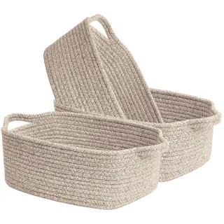 MOLVCE Baumwollseil Aufbewahrungskorb 3er-Set, Rechteckiger Korb Faltbar mit Griffen für Wohnzimmer, Kinderzimmer, Badezimmer, Flachs