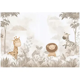 WallArena - Vlies Fototapete Kinderzimmer 250x175 cm Dschungel - Fototapeten Tapeten für Kinder Mädchen & Jungen - Kindertapete - Kinderzimmertapete Tropische Tiere Beige