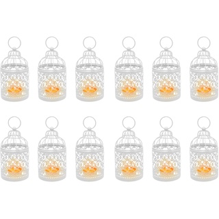 Vogelkäfig Kerzenständer, 12er Set Metall Teelichthalter, Hängende Windlicht Kerzenhalter für Weihnachten Party Vintage Deko Beleuchtung (Weiß)