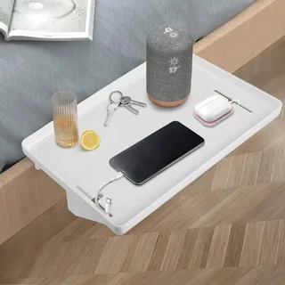 Hochbett Nachttisch Clip-On, Schwebendes Bettablage Tablett mit Kabelführung - 32x23cm Weiß, Ultrastabiles Nachttischregal für Etagenbett & Studentenwohnheim, Universell als Couchtisch, Ablage