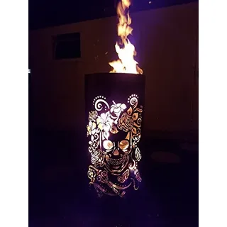 TiKo-Design® Feuertonne - Lagerfeuertonne - Feuerkorb mit Skull & Flowers Motiv – Verleihen Sie Ihrem Garten EIN besonderes Ambiente für unvergessliche Abende mit ihren Freunden
