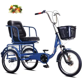 VHCLYBJU Dreirad für Erwachsene, Dreirad für Senioren, Dreirad mit Korb hinten, Leichtes und kleines Fahrrad zum Pendeln, bequemer Sitz, zum Trainieren, Einkaufen, (Blue, 18in)