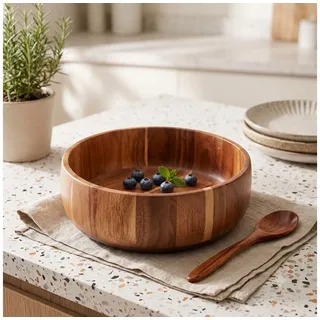 Bricard Servierschüssel Tiefe Massivholz-Salatschüssel in Block-Optik Akazie Holz Ø 22 cm braun