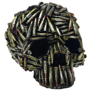 Horror-Shop Morbider Totenkopf mit Patronenhülsen als Deko: Gold, Kupfer, Grün, Schwarz - Schädel - Gothic - Handbemalt, detailliert gearbeitet - Polyresin - Tischplatte - Deko - Skulptur
