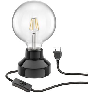 ledscom.de E27 Porzellan Tischlampe TIX, rund mit Stecker und Schalter, schwarz, 90mm inkl. E27 G125 Filament Lampe 7,123W warm-weiß 838lm