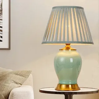 Mengjay Tischlampe Keramik, Vintage Nachttischlampe Lampenschirm aus Leinen Schreibtischlampe, Schlafzimmer/Wohnzimmer/Arbeitszimmer/Esszimmer (Grün)