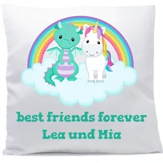 Kissen mit Namen Geburt Regenbogen Einhorn Drache türkis 40x40 cm inkl. Füllung Kuschelkissen, Kissen Farbe:Vorderseite weiß/RS mokka