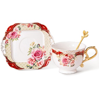 fanquare Rote Kaffeetasse mit Untertasse, Florale Keramik Tasse mit Goldrand, Teetassen Set für Hochzeit und Jahrestag