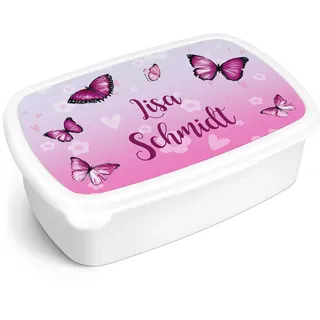 GRAVURZEILE Bedruckte Lunchbox - Schmetterling - Personalisiert mit Namen - Brotdose für Kinder - Individuell bedruckt - Platzsparend stapelbar - Perfekt für Schule & Kita - Farbe: Weiß