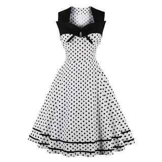 AXOE Damen Rockabilly Kleid 50er 60er Jahre Vintage Elegant Festlich Cocktailkleid für Hochzeitsgast Weiß mit Schwarzen Punkten, Gr. 46, 3XL - 3XL