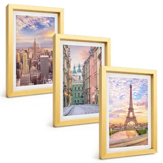 BILDER SET 3er Set - 20x30 cm Goldrahmen - Städte New York Paris Dämmerung