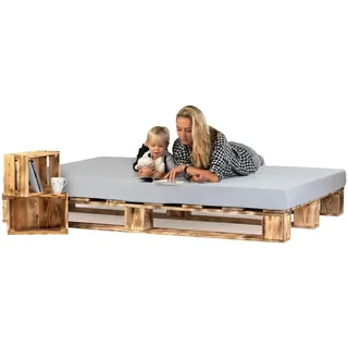 Lermowood Palettenbett M1 aus Holz 200 x 200 cm Geflammt mit Lattenrost Holzbett 20cm Stabiles Seniorenbett Kinderbett Jugendbett Gästebett erhöhtes Einzelbett Bettgestell Futonbett Komforthöhe