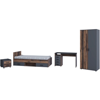 AI-SEN nonjoo-Teen Artikel Set 4 best. aus: Einzelbett 90 x 200 cm mit Bettschubalden Set (2 Schubladen) auf Rollen, Nachtkonsole mit 2 Schubladen, Kleiderschrank 2-trg., Schreibtisch mit 4 Schubladen