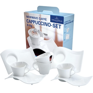 Villeroy & Boch – NewWave Caffè Cappuccino Set 8-teilig für 4 Personen, Kaffeeservice weiß, Capuccino Tassen mit Untertassen weiß, Kaffeegeschirr weiß, Kaffeegedeck, Kaffeetassen, Premium Porzellan