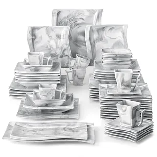 MALACASA Geschirrset, 56-tlg Marmor Teller Set aus Porzellan inkl. 12x Speiseteller, 12x Dessertteller, 12x Suppenteller, 6x Schüssel, 6x Kaffeetassen, 6x Untertassen, 2x Servierplatte, Marmorgrau