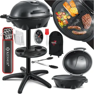 KESSER® Elektrogrill 2in1 Tischgrill & Standgrill mit Deckel, 2400W Balkongrill elektrisch für draußen & drinnen | XXL Grillplatte Antihaft | Thermostat | Elektrostandgrill mit Ablage + BBQ Grillset