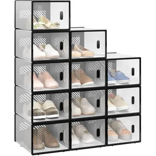 WOLTU Schuhbox stapelbar, 12er Set, Schuhkarton mit magnetischer Tür, Kunststoffbox für Schuhaufbewahrung, faltbarer Schuhorganizer, 35x19x25 cm, transparent schwarz