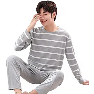 EGSDMNVSQ Schlafanzug Herren Lang Pyjama Set Zweiteiler Nachtwäsche Rundhals Langarm Oberteil und Hose Pyjamahose Prägnant Cacual Gemütlich Shirt
