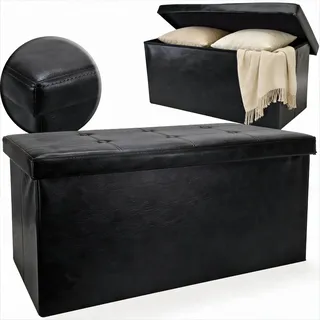 QMBasic Sitzbank mit Stauraum, 40 x 82 x 40 cm, klappbare Sitz-Bank Hocker Truhe, Aufbewahrungsbox, Polsterbank, belastbar, Fußbank, Kunstleder schwarz
