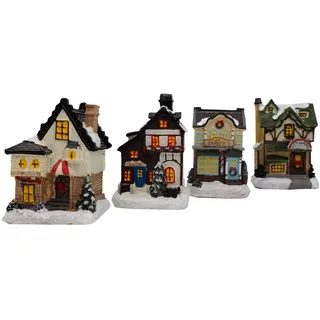 hausleben Weihnachtsdorf 4-teilig – Beleuchtete Weihnachtsstadt mit LED • Miniatur Winterdorf • Weihnachtsdeko Häuser & Figuren – Stimmungsvolle Xmas Dekoration
